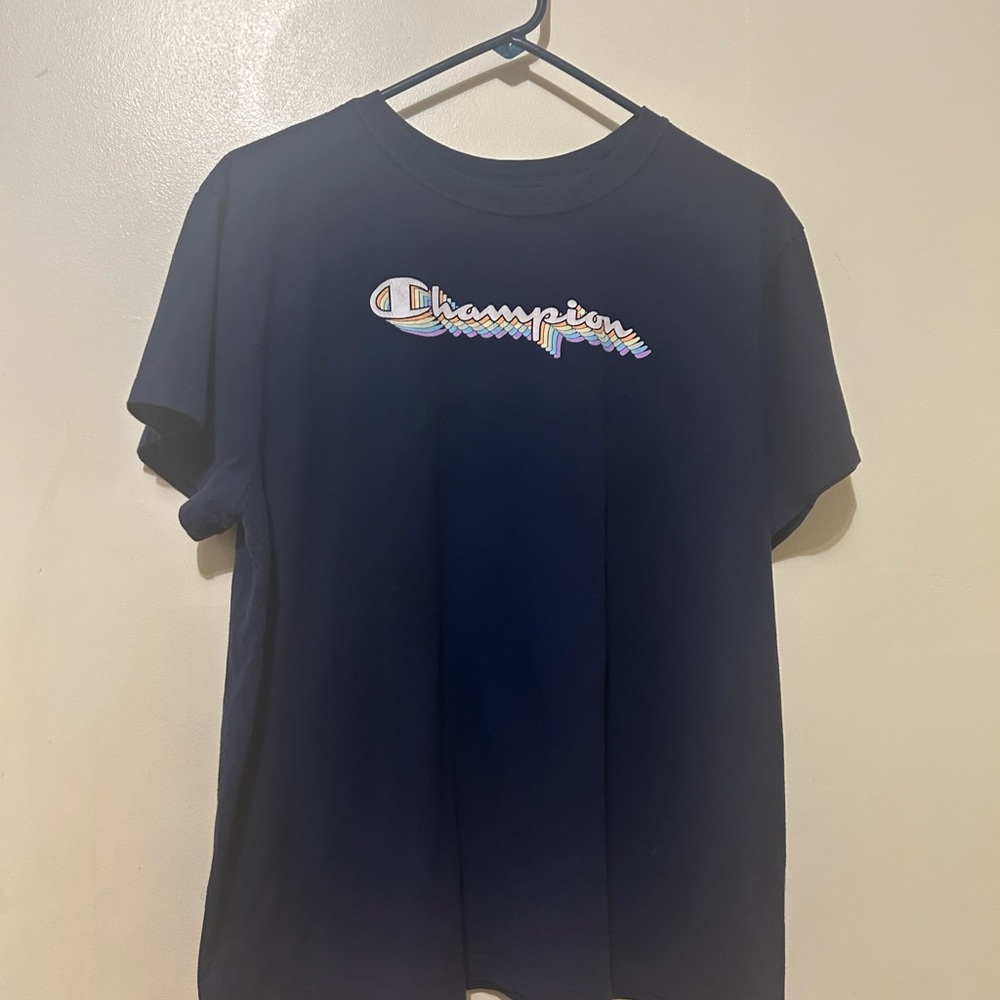 Champion Navy Short Sleeve Tee with Multicolor Script Logo Sz XL